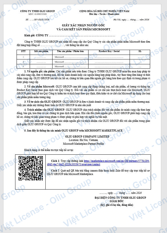 Mẫu giấy xác nhận nguồn gốc do Oliu Group phát hành